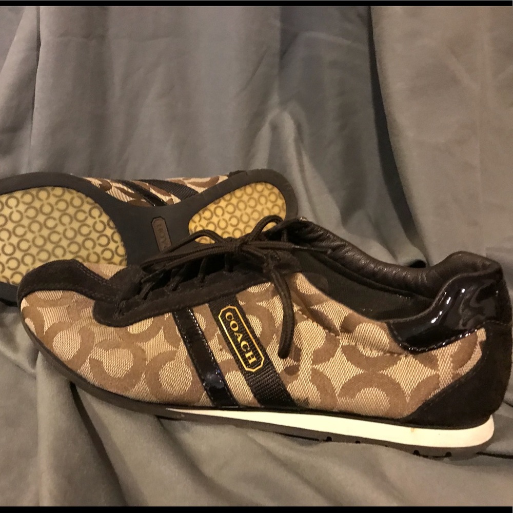Brown, tan, & gold Coach tennis shoes